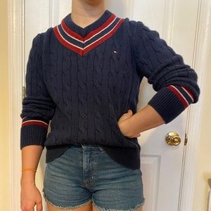 Tommy Hilfiger V Neck Navy and Red Stripe Classic Cricket Wool Sweater